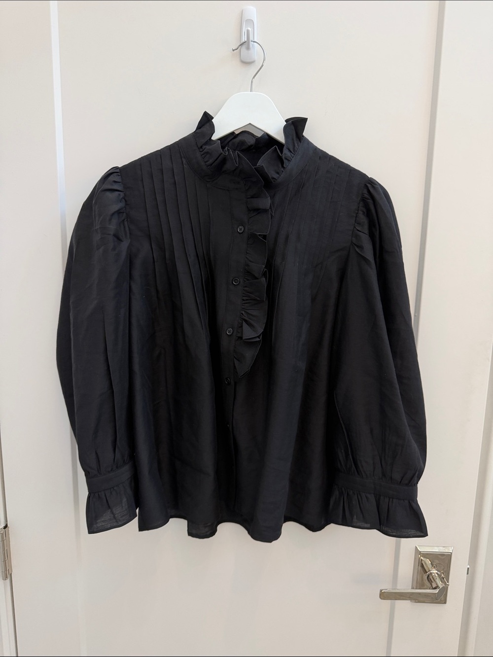 English Factory Black Ruffle-Front Puff Sleeve Blouse
